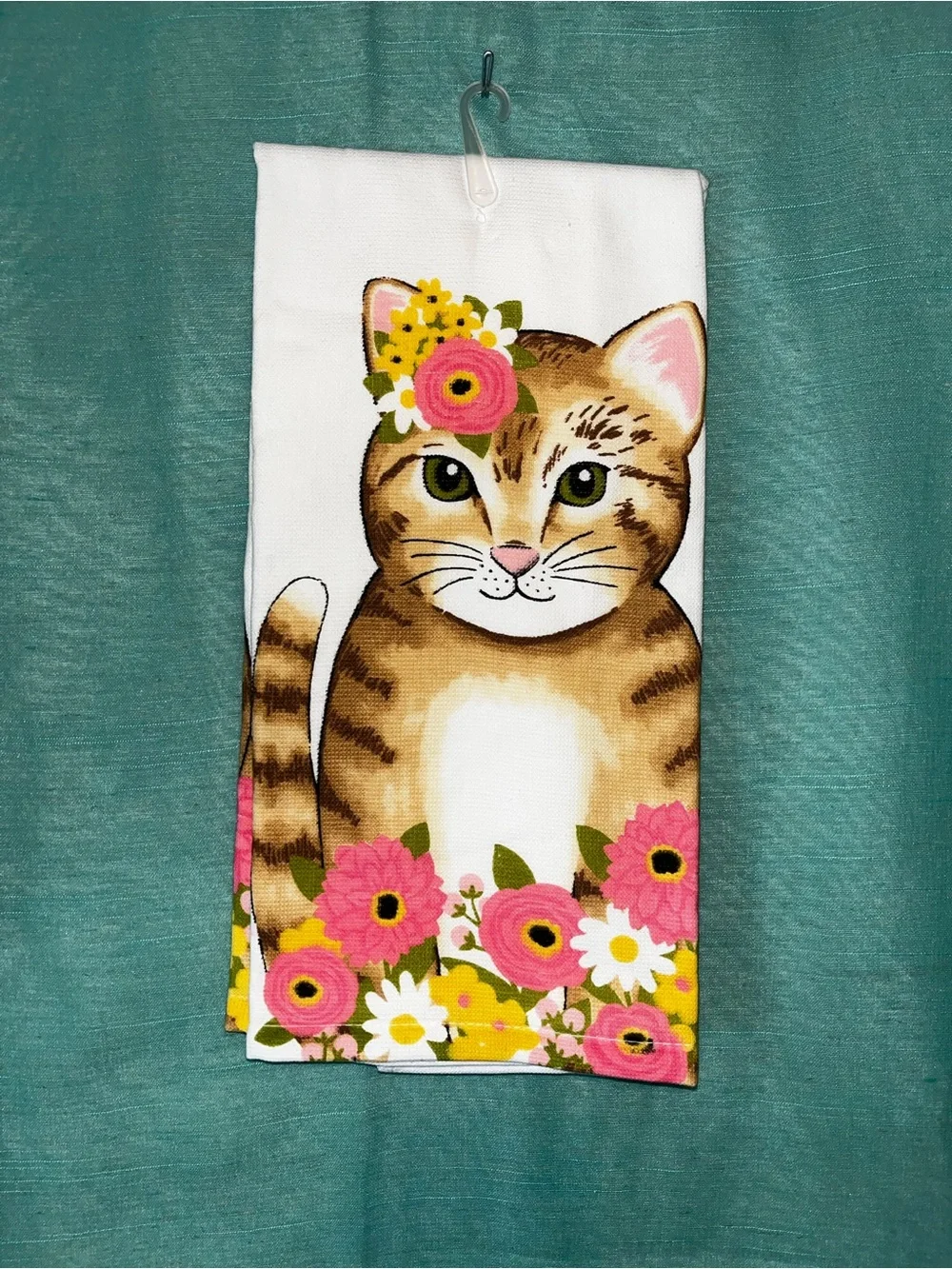 Floral Tabby Cat Kitchen Towel - Pink & Brown